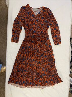 Lark + Grey Orange Blue Floral Faux Wrap Midi Dress Long Sleeve Medium